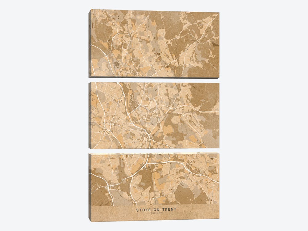Map Of Stoke-On-Trent (England) In Sepia Vintage Style by blursbyai 3-piece Canvas Print
