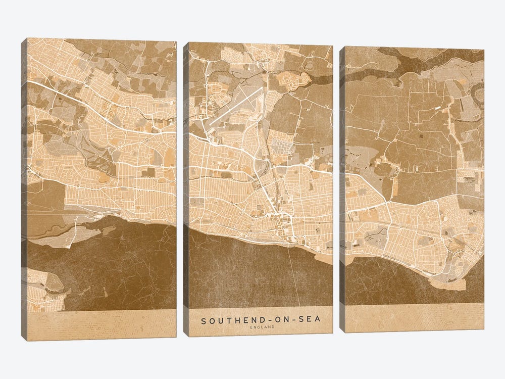 Map Of Southend-On-Sea (England) In Sepia Vintage Style by blursbyai 3-piece Canvas Wall Art
