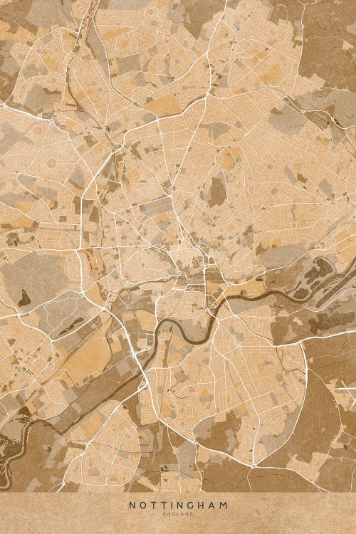 Map Of Nottingham (England) In Sepia Vintage Style