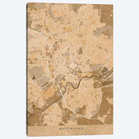 Map Of Nottingham (England) In Sepia Vintage Style Canvas Print #RLZ616} by blursbyai Art Print
