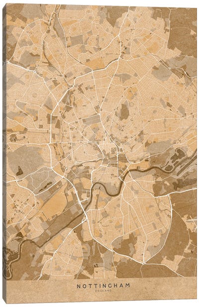 Map Of Nottingham (England) In Sepia Vintage Style Canvas Art Print
