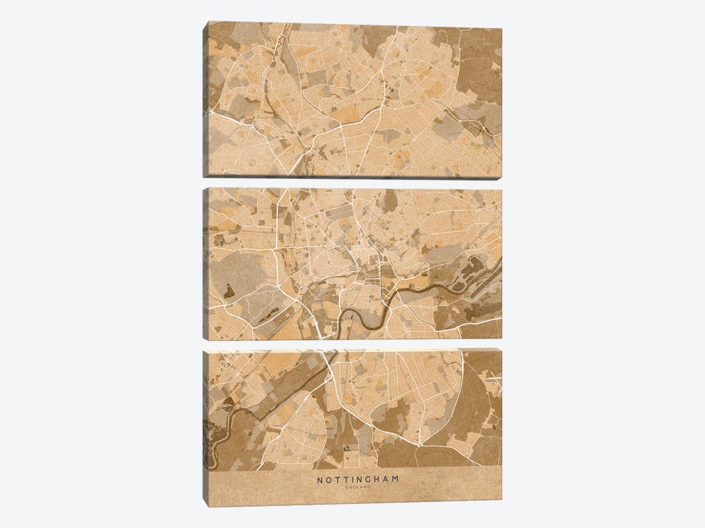 Map Of Nottingham (England) In Sepia Vintage Style by blursbyai 3-piece Canvas Print