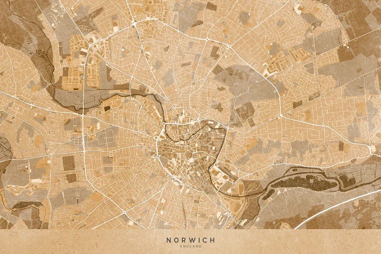 Map Of Norwich (England) In Sepia Vintage Style