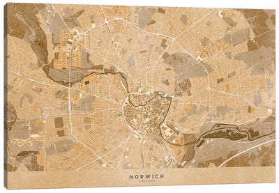 Map Of Norwich (England) In Sepia Vintage Style Canvas Art Print
