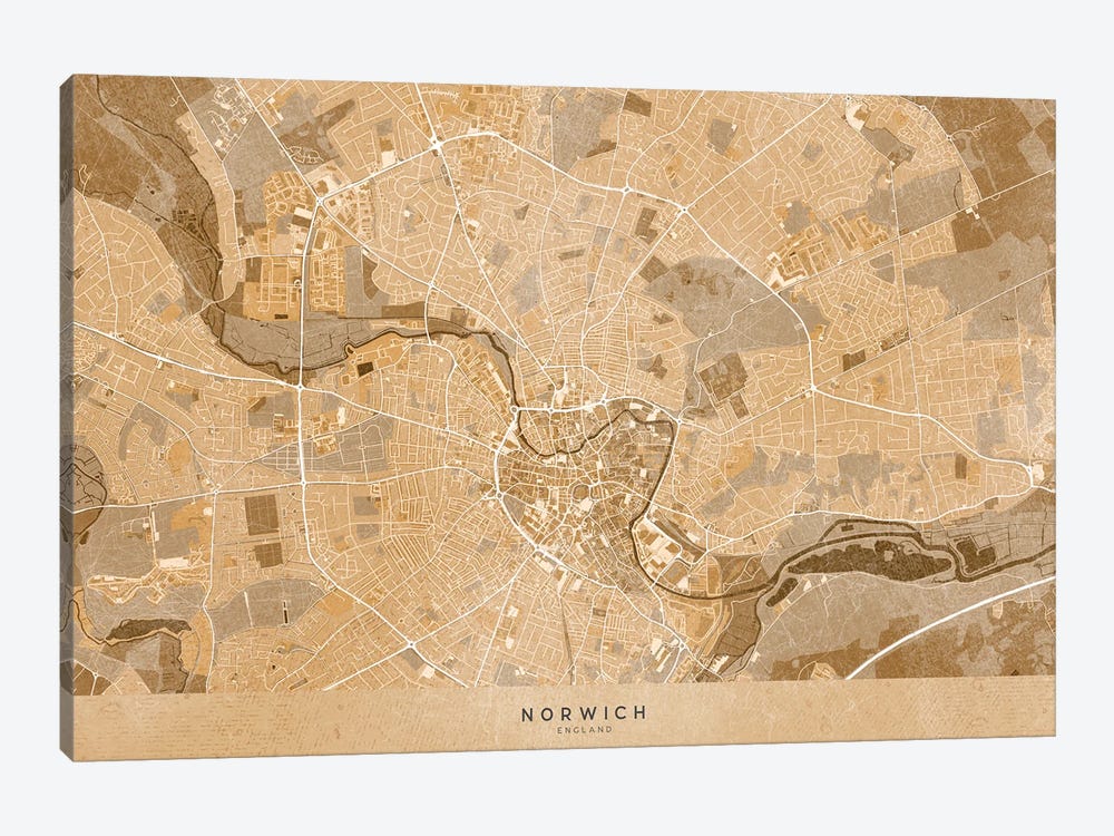 Map Of Norwich (England) In Sepia Vintage Style by blursbyai 1-piece Canvas Artwork