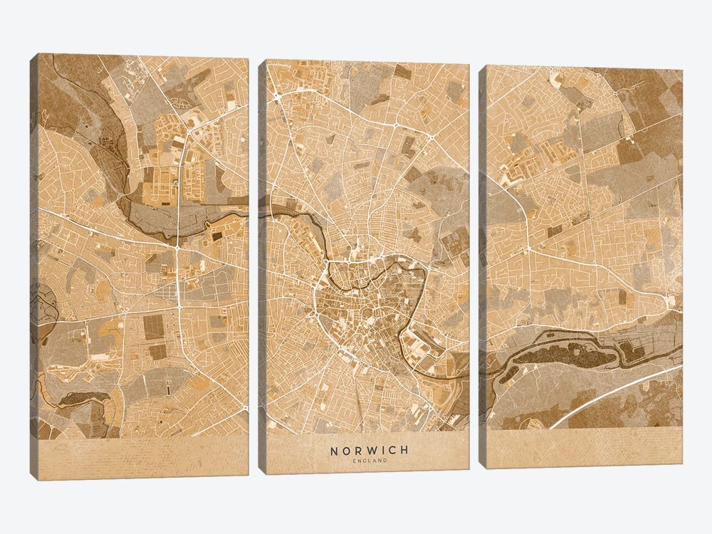 Map Of Norwich (England) In Sepia Vintage Style by blursbyai 3-piece Canvas Wall Art