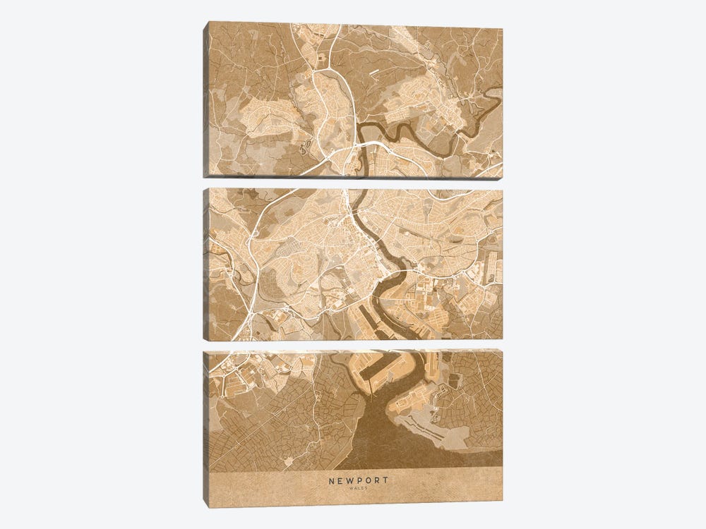 Map Of Newport (England) In Sepia Vintage Style by blursbyai 3-piece Canvas Art
