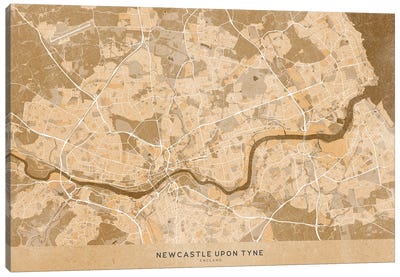 Map Of Newcastle-Upon-Tyne (England) In Sepia Vintage Style Canvas Art Print