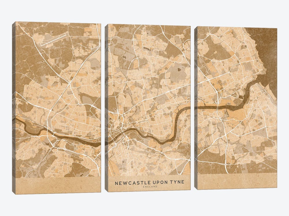 Map Of Newcastle-Upon-Tyne (England) In Sepia Vintage Style by blursbyai 3-piece Canvas Wall Art