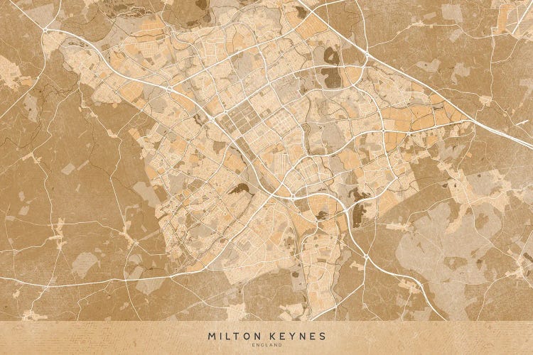 Map Of Milton Keynes (England) In Sepia Vintage Style