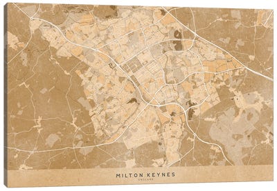 Map Of Milton Keynes (England) In Sepia Vintage Style Canvas Art Print - Vintage Maps