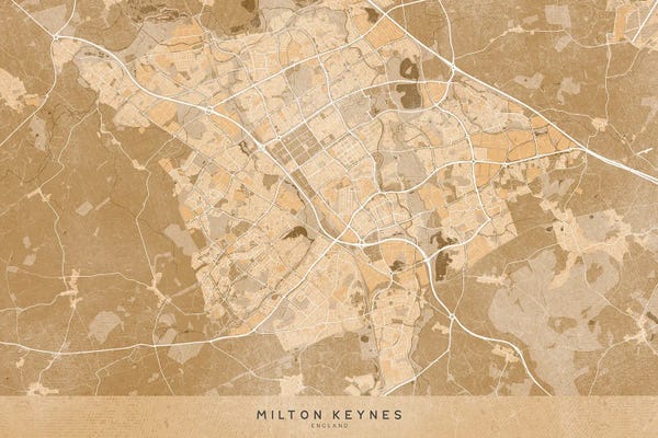 Vintage & Retro: Map Of Milton Keynes (England) In Sepia Vintage Style by blursbyai