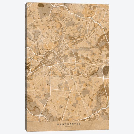 Map Of Manchester (England) In Sepia Vintage Style Canvas Print #RLZ623} by blursbyai Canvas Print