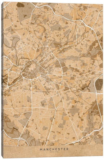 Map Of Manchester (England) In Sepia Vintage Style Canvas Art Print - blursbyai