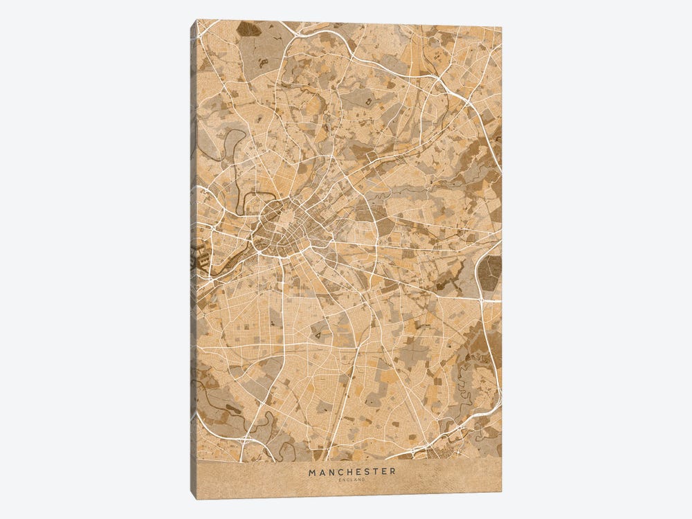Map Of Manchester (England) In Sepia Vintage Style by blursbyai 1-piece Canvas Print