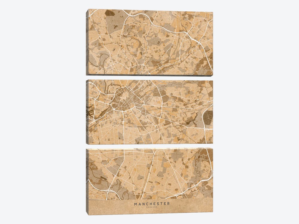 Map Of Manchester (England) In Sepia Vintage Style by blursbyai 3-piece Canvas Art Print