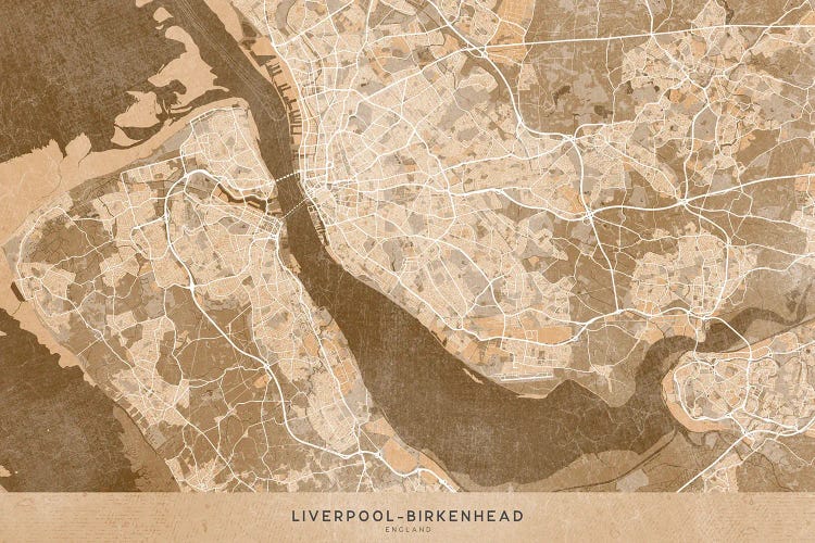 Map Of Liverpool-Birkenhead (England) In Sepia Vintage Style