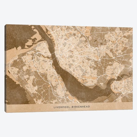 Map Of Liverpool-Birkenhead (England) In Sepia Vintage Style Canvas Print #RLZ625} by blursbyai Canvas Artwork