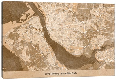 Map Of Liverpool-Birkenhead (England) In Sepia Vintage Style Canvas Art Print - blursbyai