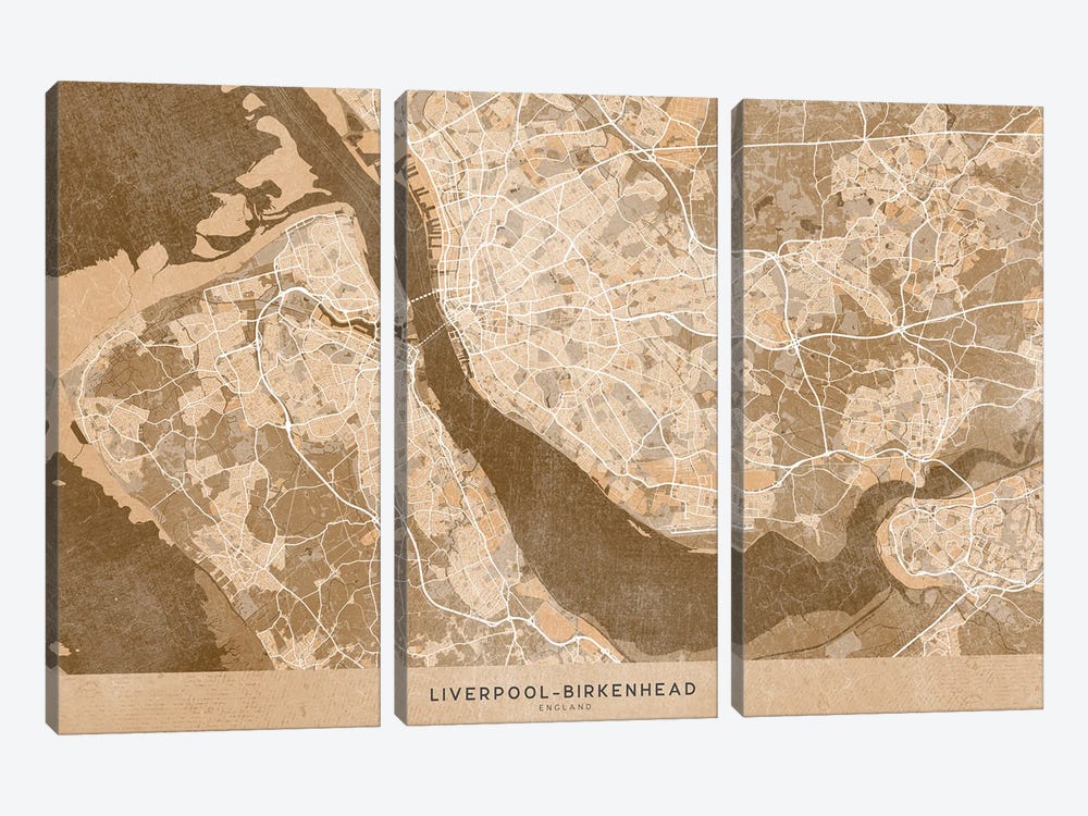 Map Of Liverpool-Birkenhead (England) In Sepia Vintage Style by blursbyai 3-piece Art Print