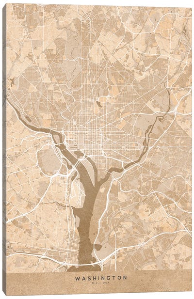 Map Of Washington D.C. In Sepia Vintage Style Canvas Art Print - Washington D.C. Art