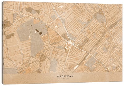 Map Of Archway London In Sepia Vintage Style Canvas Art Print - London Maps