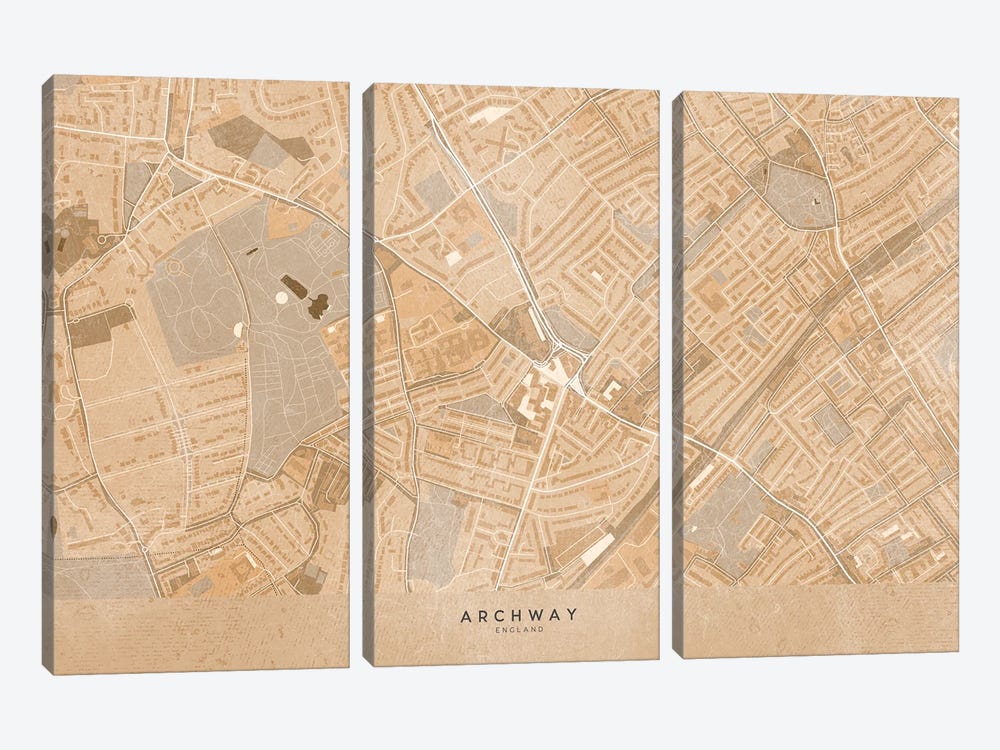 Map Of Archway London In Sepia Vintage Style by blursbyai 3-piece Canvas Art