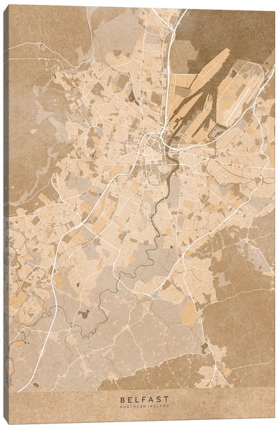 Map Of Belfast (Northern Ireland) In Sepia Vintage Style Canvas Art Print - blursbyai