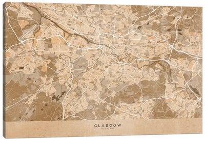 Map Of Glasgow (Scotland) In Sepia Vintage Style Canvas Art Print - blursbyai