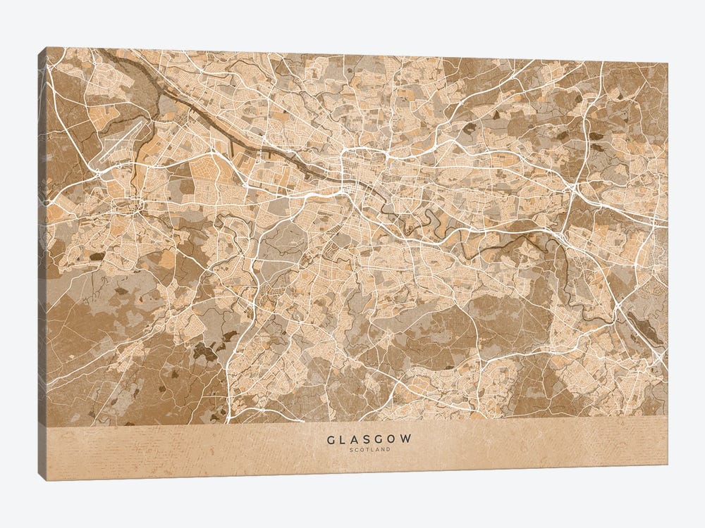 Map Of Glasgow (Scotland) In Sepia Vintage Style by blursbyai 1-piece Canvas Wall Art