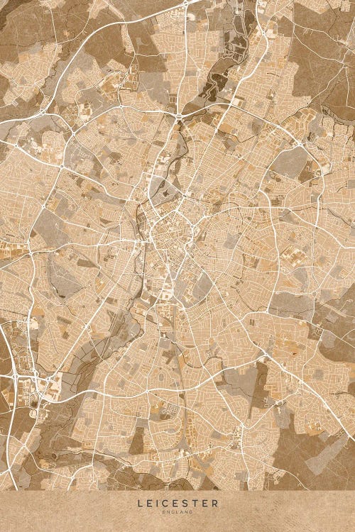 Map Of Leicester (England) In Sepia Vintage Style