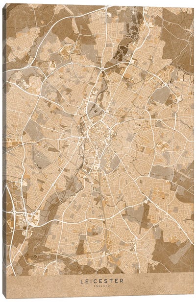 Map Of Leicester (England) In Sepia Vintage Style Canvas Art Print