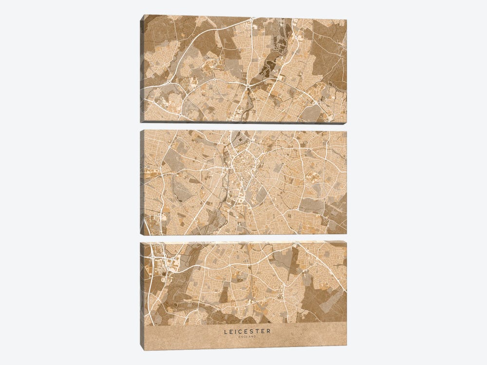Map Of Leicester (England) In Sepia Vintage Style by blursbyai 3-piece Canvas Art
