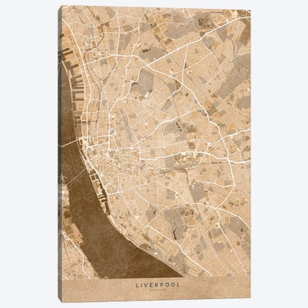 Map Of Liverpool (England) In Sepia Vintage Style Canvas Print #RLZ658} by blursbyai Canvas Artwork