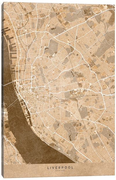 Map Of Liverpool (England) In Sepia Vintage Style Canvas Art Print - blursbyai