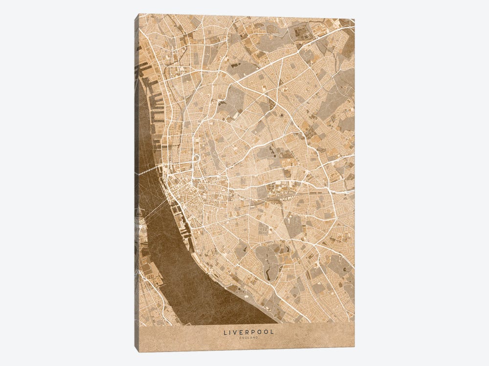 Map Of Liverpool (England) In Sepia Vintage Style by blursbyai 1-piece Canvas Print