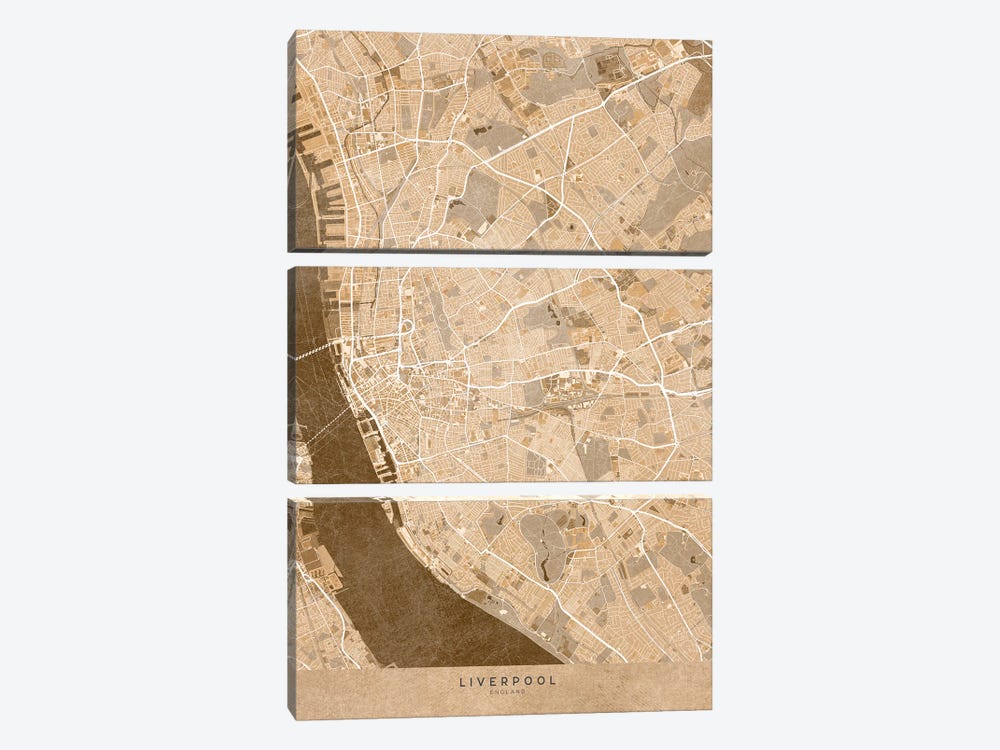 Map Of Liverpool (England) In Sepia Vintage Style by blursbyai 3-piece Canvas Art Print