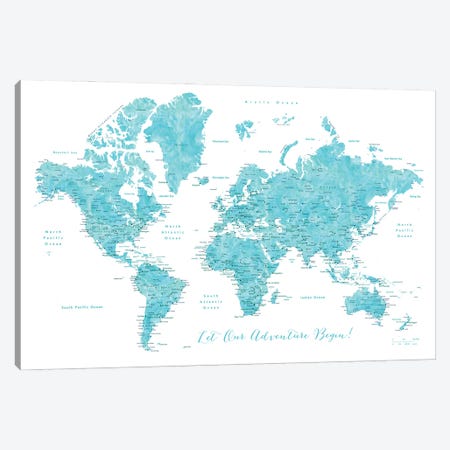 Detailed World Map With Cities Our Adventure Begins Canvas Print #RLZ65} by blursbyai Canvas Artwork