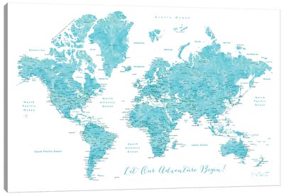 Detailed World Map With Cities Our Adventure Begins Canvas Art Print - blursbyai