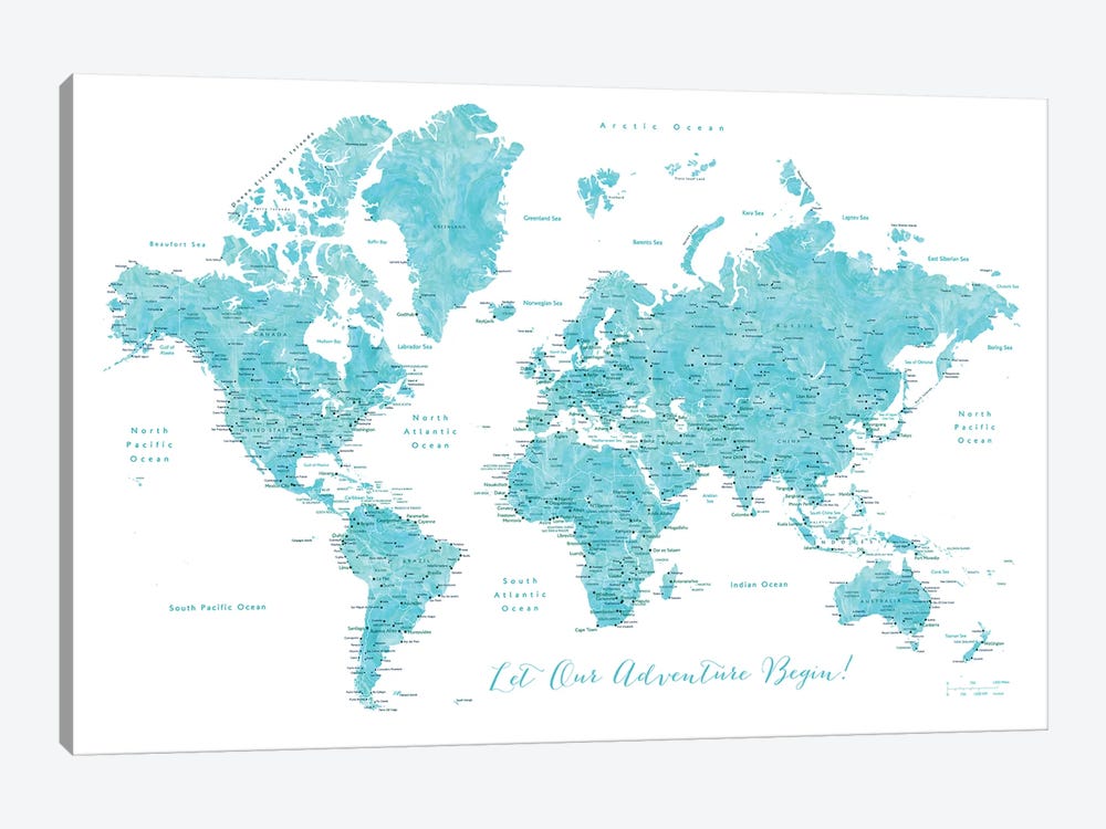 Detailed World Map With Cities Our Adventure Begins by blursbyai 1-piece Canvas Art