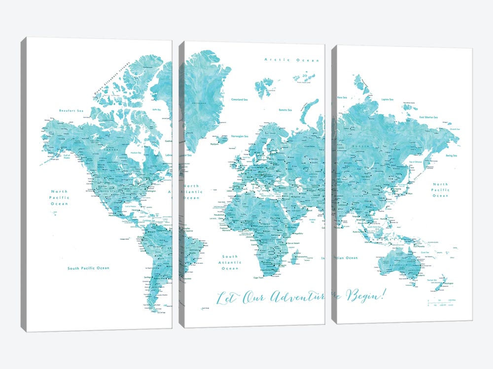 Detailed World Map With Cities Our Adventure Begins by blursbyai 3-piece Canvas Art