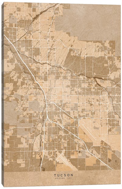 Map Of Tucson (Arizona, USA) In Sepia Vintage Style Canvas Art Print - blursbyai