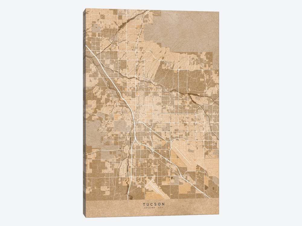 Map Of Tucson (Arizona, USA) In Sepia Vintage Style by blursbyai 1-piece Canvas Art Print