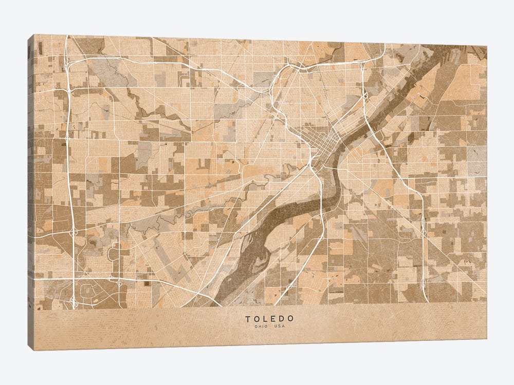 Map Of Toledo (Ohio, USA) In Sepia Vintage Style by blursbyai 1-piece Canvas Artwork