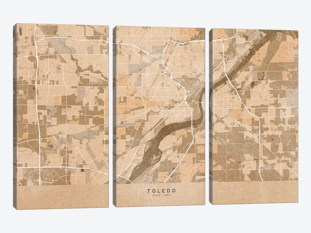 Map Of Toledo (Ohio, USA) In Sepia Vintage Style by blursbyai 3-piece Canvas Art