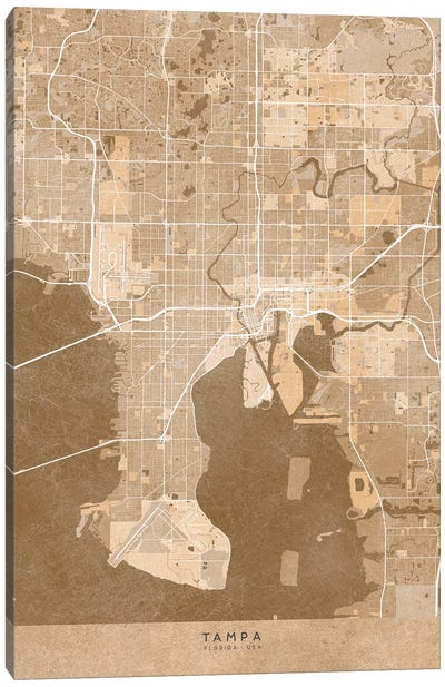 Map Of Tampa (Florida, USA) In Sepia Vintage Style Canvas Art Print - blursbyai