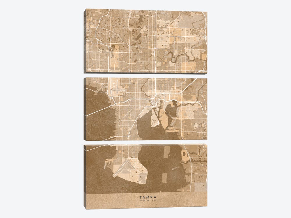 Map Of Tampa (Florida, USA) In Sepia Vintage Style by blursbyai 3-piece Canvas Print