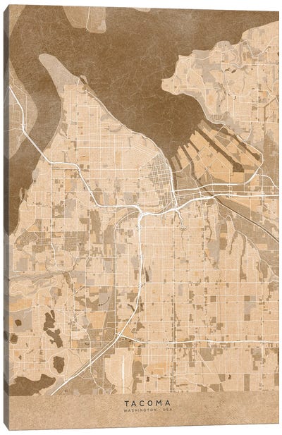 Map Of Tacoma (Washington, USA) In Sepia Vintage Style Canvas Art Print - Vintage Maps