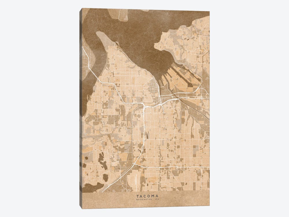 Map Of Tacoma (Washington, USA) In Sepia Vintage Style by blursbyai 1-piece Canvas Wall Art