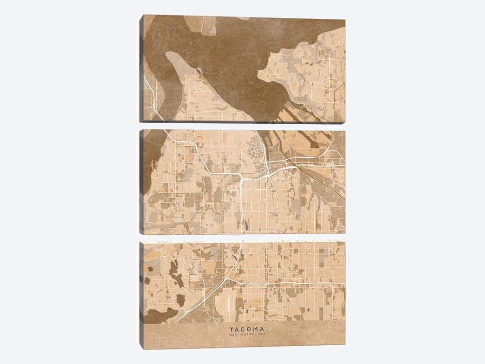Map Of Tacoma (Washington, USA) In Sepia Vintage Style by blursbyai 3-piece Canvas Wall Art